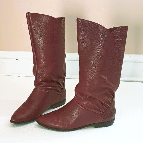 Etienne Aigner Burgundy Leather Boots 8 Flat Pleated with Embossed Croc Trim - Picture 1 of 16